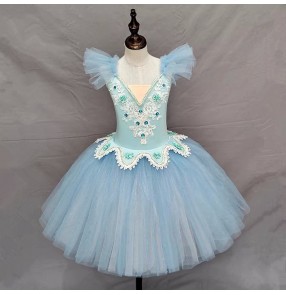 Children Girls White blue pink tutu skirts long ballet dresses little swan lake ballerina performance costumes gymnastics ballet dance leotard costumes for kids